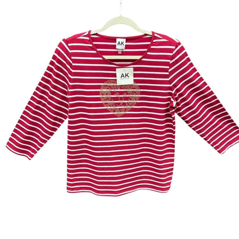 NWT New Anne Klein Womens Medium Striped Rhinestone Heart Long Sleeve Top